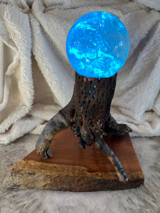 Quartz Sphere on lighted Cacti Skeleton